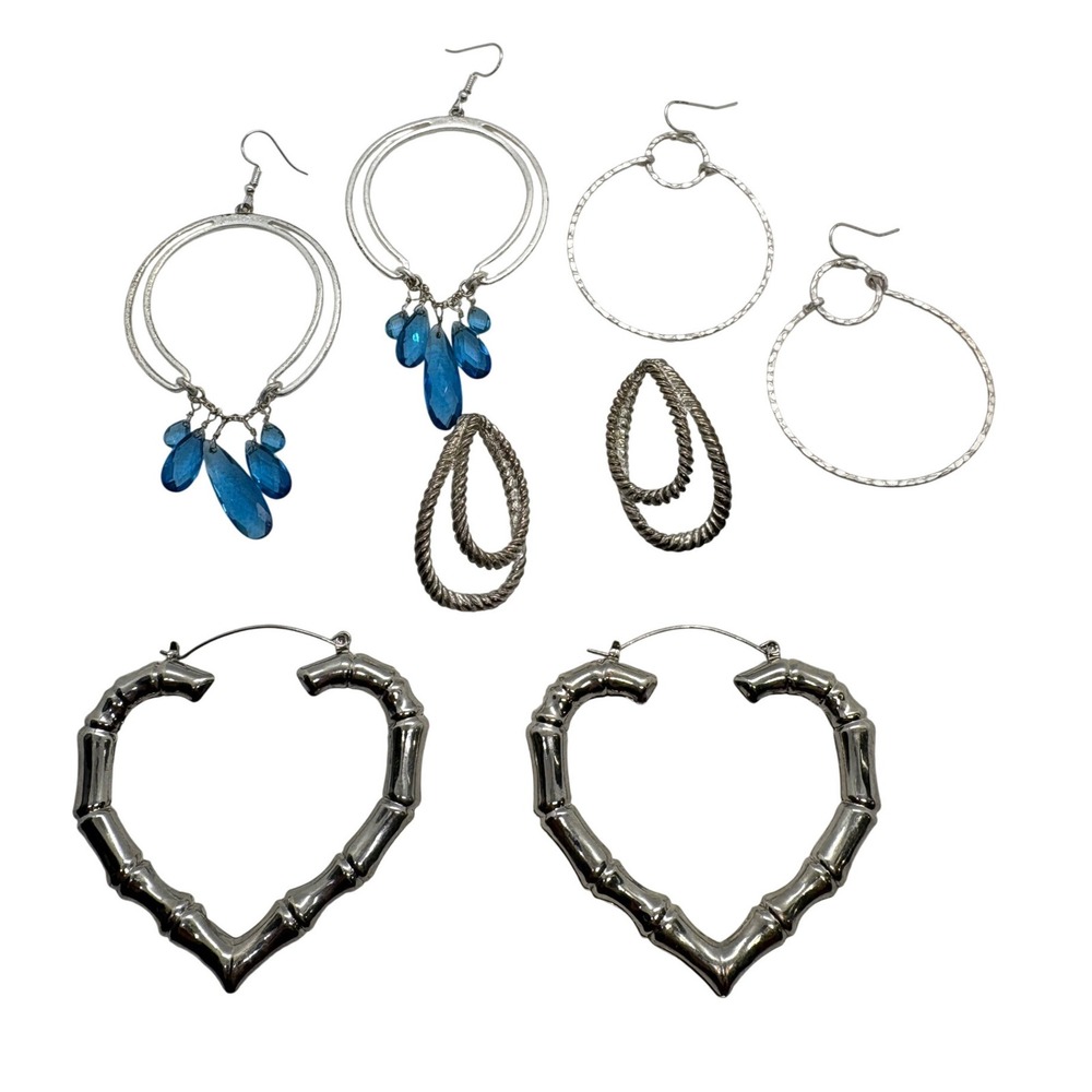 Silver Tone Earring Lot 5 Pairs Heart Bamboo Hoops Blue Bead Dangles Boho Mixed